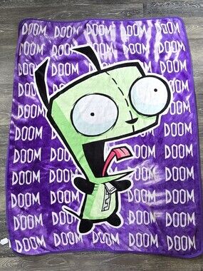 Purple 'Doom' Cartoon Plush Throw Blanket - Vibrant Purple Green Design